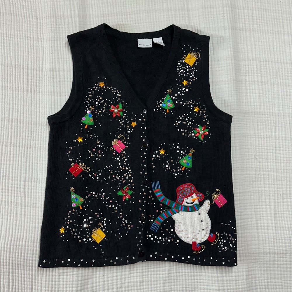 VTG Kim Roger's Ugly Christmas Sweater Vest Snowman Presents Beaded 90s small